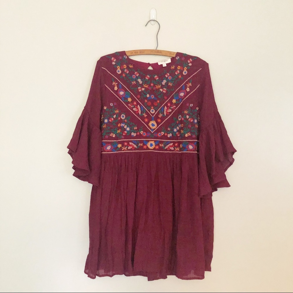 Umgee Embroidered Bell Sleeve Plum Babydoll Dress